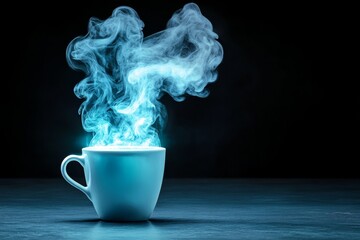 Poster - A magical coffee cup glowing with ethereal light, with steam forming the shape of a mythical creature above it