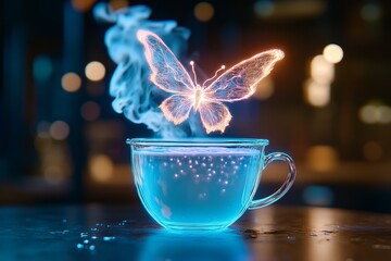 Poster - A magical coffee cup glowing with ethereal light, with steam forming the shape of a mythical creature above it