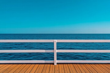 Poster - A minimalist design of a ship railing with the ocean beyond, featuring simple lines and soothing colors