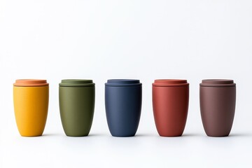 Poster - A minimalist representation of a takeaway coffee cup with clean geometric shapes and muted earth tones