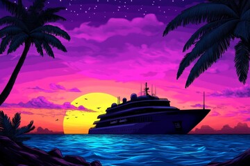Poster - A pixel art depiction of a cruise ship at sunset, with animated waves and passengers enjoying the deck in vibrant 8-bit style