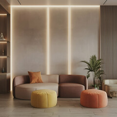 Wall Mural - Minimalist, japandi home interior design of modern living room. Minimalistic living area with earthy tones, soft beige sofa, yellow and orange poufs and beige wall with soft lighting.