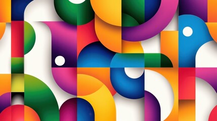 Poster - Vibrant abstract pattern with overlapping geometric shapes, primarily circles and rectangles, in a variety of bright colors, creating a dynamic and playful composition