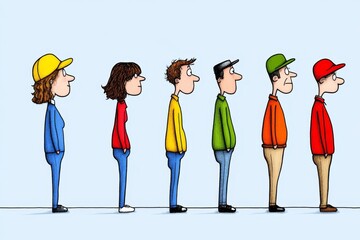 Poster - A simple depiction of a line of people waiting, with clean outlines and bold, contrasting colors