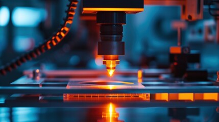 Poster - Automated industrial laser engraving machine cutting through metal sheets on a production line, showcasing innovative technology and precision in modern manufacturing processes