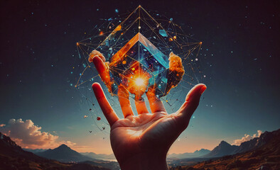 Poster - A hand is holding a cube in the sky. The cube is surrounded by a lot of stars and the sky is blue