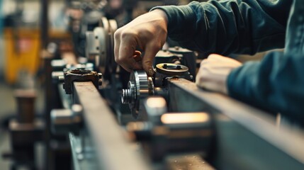 Poster - Close up of a factory worker's hands meticulously assembling a machine part on a production line, highlighting precision and expertise in the manufacturing process