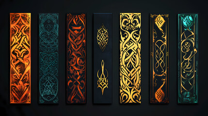 Wall Mural - Arabic calligraphy. set of ornamental vertical patterns with letters and symbols. generative ai. Runes. Illustration