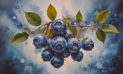 Wall Mural - A painting of blueberries on a branch. The blueberries are clustered together and the leaves are green. The painting has a calm and peaceful mood