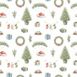 © Mimomy - Seamless pattern with various objects and decorative elements, Christmas tree and gifts isolated on white background. Watercolor hand drawn illustration..