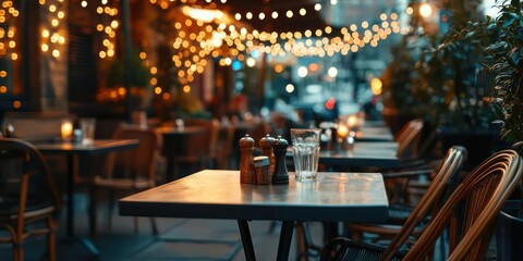 Wall Mural - A charming outdoor dining setup at a New York City restaurant, with twinkling lights and city views.