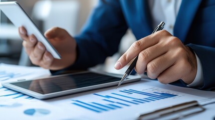 Leinwandbilder - Startup founder reviewing financial goals and projections on a digital tablet in a vibrant