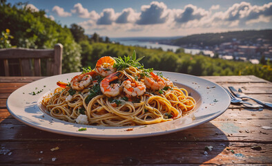 Poster - A plate of pasta with shrimp and vegetables on top. The plate is on a wooden table. The table is surrounded by chairs