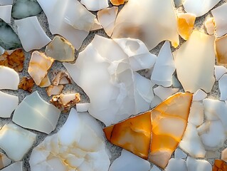 Poster - Close-up of a mosaic of irregular shaped, white and orange stones set in grey grout.