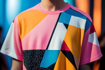 Poster - Close-up of a stylish t-shirt with colorful geometric patterns, showcasing modern fashion trends