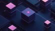 © matoya - Abstract 3D rendering of glowing pink sphere on dark cube, surrounded by other cubes on a dark surface.