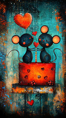 Wall Mural -   A depiction of two mice perched atop a cake with a heart positioned on top