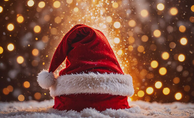 Poster - A red santa hat is sitting on top of a snowy surface. The hat is decorated with white fur and has a white pom pom on top. The scene is set in a wintery environment, with snow covering the ground