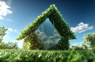 Aufkleber - A 3D illustration of an eco-friendly industrial concept featuring a green factory icon on a lush spring meadow, with a bright blue sky behind.