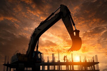 Leinwandbilder - Business engineering teams, silhouetted against the sunset, scour construction sites for blueprints, their vision obscured by the haze.