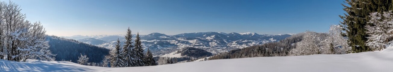 Poster - At Elbrus ski slope, Mount Ushba is visible through the snow on the Greater Caucasus ridge. Panoramic view from Pastuchova kliffs, Kabardino-Balkaria, Russia