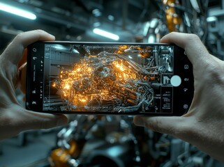 Aufkleber - A businessman controls the production of factory parts and mechanical arms in the engine manufacturing industry using a touch screen to manage robots.