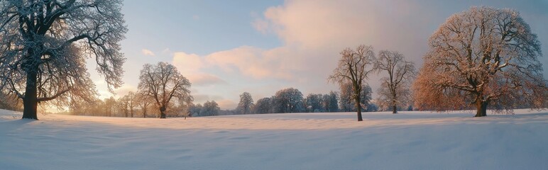 Poster - Christmas background with winter landscape at sunrise.