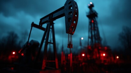 Poster - With the sunset in the backdrop, an oil worker checks the pump by the oil derrick.