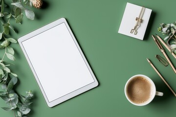 Poster - Graphic designer supplies on green cutting mat with blank screen tablet
