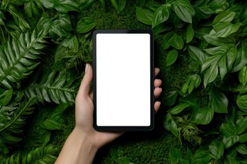 Aufkleber - In a park, a woman holds a black tablet pc with a blank white desktop screen