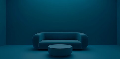 Aufkleber - Blue mock up wall and blue sofa design in a modern living room. 3D render, 3D illustration