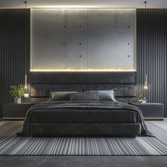 Aufkleber - A modern industrial bedroom with white concrete walls rendered in 3D, illustrating the design in 3D