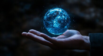 The concept of integration data system technology. The hand pressing a virtual button.