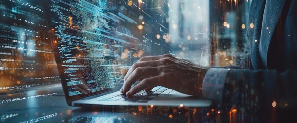 Fototapete - A computer science engineer programing on a laptop at a smart office, exchanging data, controlling a business and stock markets with stock.