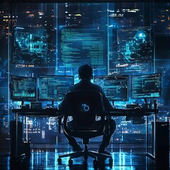 Aufkleber - Tech Guru in Futuristic Data Center Utilizing Laptop Amidst Warehouse, Streamlined Digitalization with Cloud Computing and Web Services.