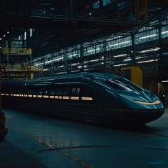 Leinwandbilder - A hyperloop in a dark mecha city in year 4000 in blue and turquoise ray photorealistic 8k top down
