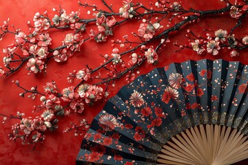 Aufkleber - An elegant Chinese New Year banner design featuring paper fans and sakura flowers on a red background.