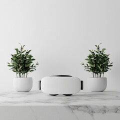 Poster - White VR headset on wooden table with green plants.