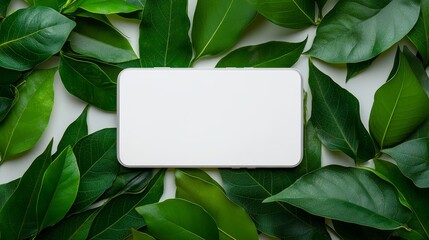 Poster - An empty smartphone screen is mocked up on a white background with green leaves