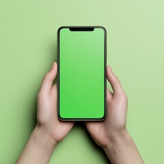 Poster - Against a green background, the hand of a young woman is holding a smartphone with a green screen.
