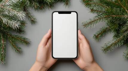 Poster - Mockup of a New Year's Phone at the Christmas Tree. A man holds a white-screen phone atop a beautiful green Christmas tree with flashes of light