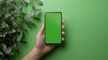 Poster - In this mockup, you can see a vertical smartphone with a green screen, shown by a hand, against a green background, ready for design and mockups.