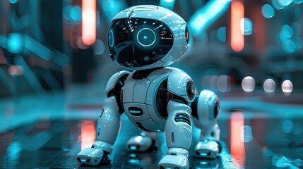 Poster - Futuristic robotic dog in a vibrant, city-like setting.