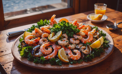 Poster - A large plate of shrimp and lemon is on a wooden table. The plate is full of shrimp and lemon, and there are several pieces of shrimp on the plate