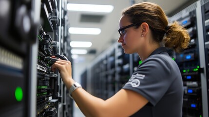 Poster - Technician works on server maintenance in a data center during midday hours