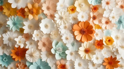 Poster - Colorful arrangement of paper flowers in various shapes and sizes displayed on a light background