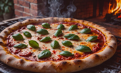 Aufkleber - A pizza with basil leaves on top is being cooked on a grill. The pizza is covered in cheese and has a crispy crust