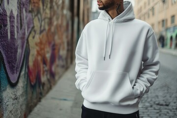 Wall Mural - Young caucasian male in white hoodie standing by colorful grafitti on urban street.