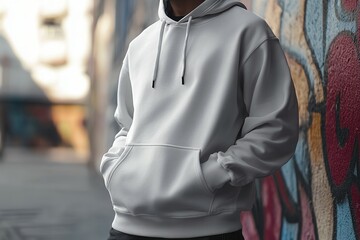 Young adult male in white hoodie standing by urban graffiti wall.