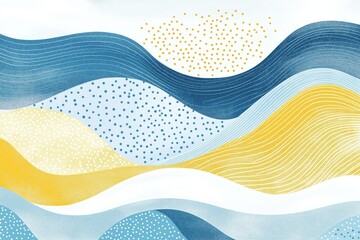 Poster - Abstract seamless wave pattern in cool colors. Soft blue, yellow waves. Dots, lines create visual texture. Modern design with calm, peaceful aesthetic. Suitable for backgrounds prints. Vibrant,